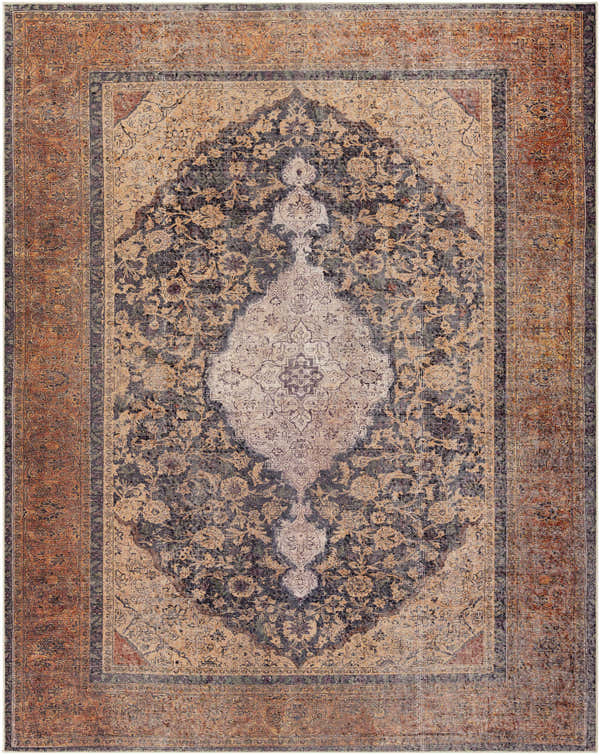 Close-up of the beige, brick red, and dark plum Staplehurst Washable Area Rug with a traditional floral pattern. Design-Rectangle-710103