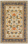 Close-up of the Starford Carpet. Hand-knotted wool rug with a traditional floral pattern in cream, blue, orange, and yellow. Design-Rectangle-5686