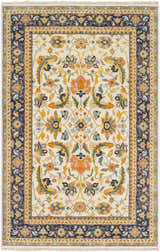 Close-up of the Starford Carpet: a hand-knotted, rectangular rug with a traditional floral pattern in cream, navy, and gold. Design-Rectangle-69