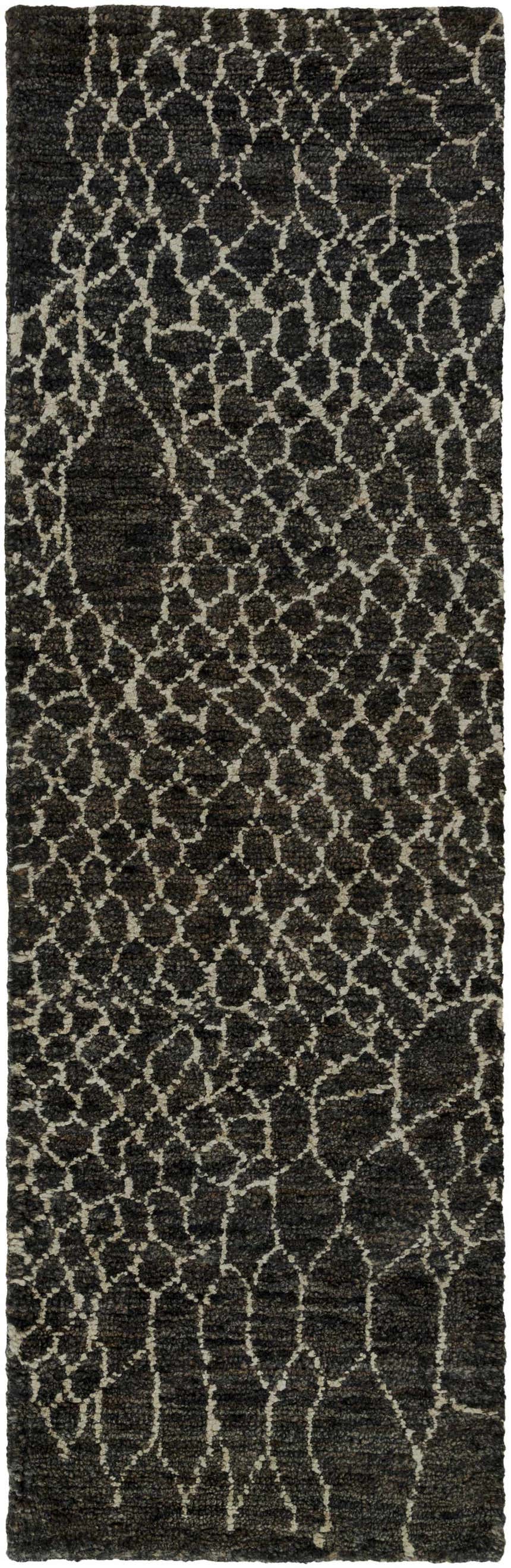 Close-up of the Stephentown Clearance Jute Rug. Hand-knotted jute rug in dark gray with a cream geometric pattern. Contemporary style. Design-Runner-268