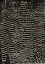 Close-up of the Stephentown Clearance Jute Rug, featuring a black and tan geometric, hand-knotted design. Natural fibers. Design-Rectangle-811