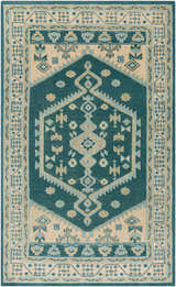 Detailed aqua and beige Stepps Area Rug with traditional, hand-knotted Oriental design. 100% Wool. Design-Rectangle-576