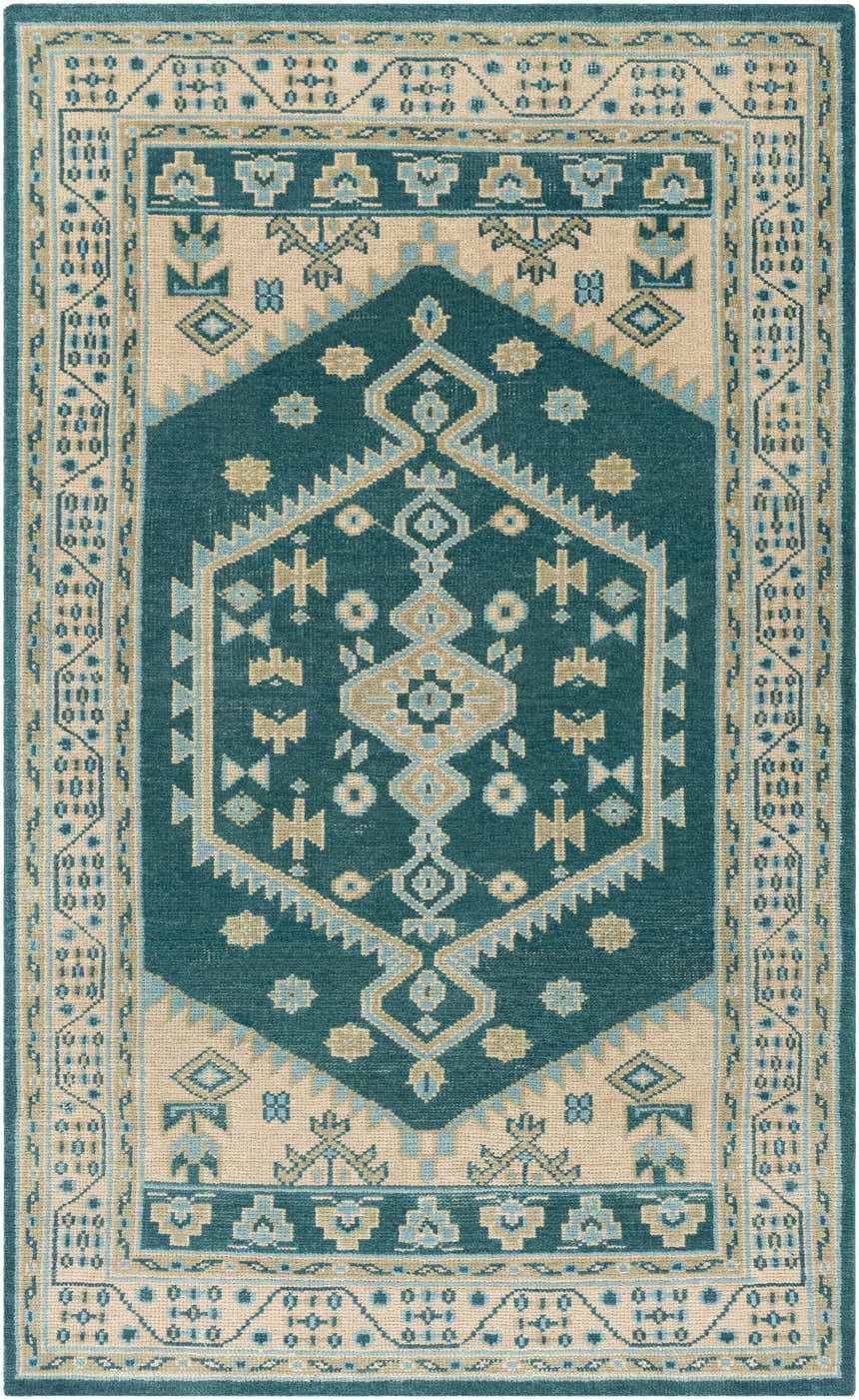 Detailed aqua and beige Stepps Area Rug with traditional, hand-knotted Oriental design. 100% Wool. Design-Rectangle-576