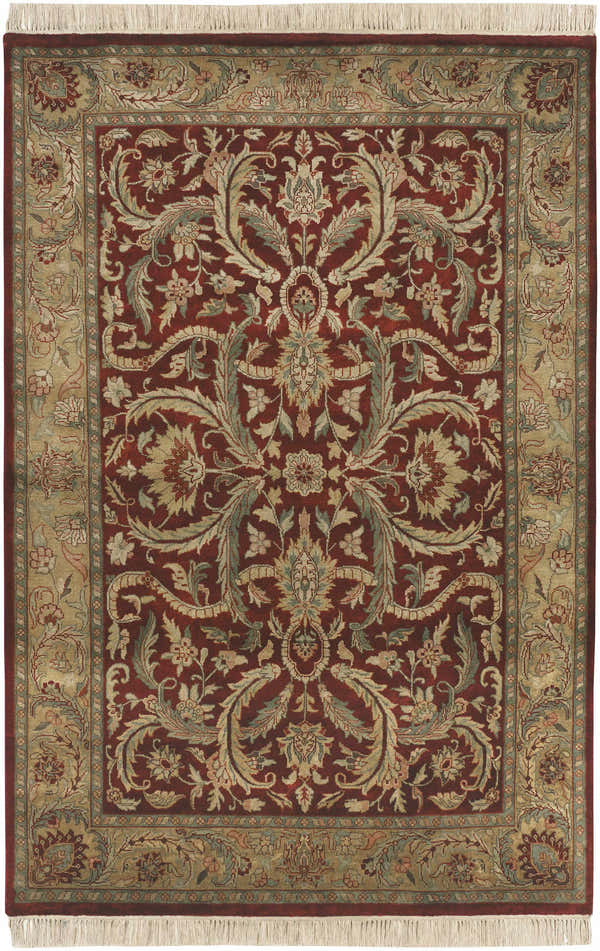 Close-up of the Steuben Premium Wool Area Carpet. Features a traditional floral pattern in red, beige, and green with fringe. Design-Rectangle-5686