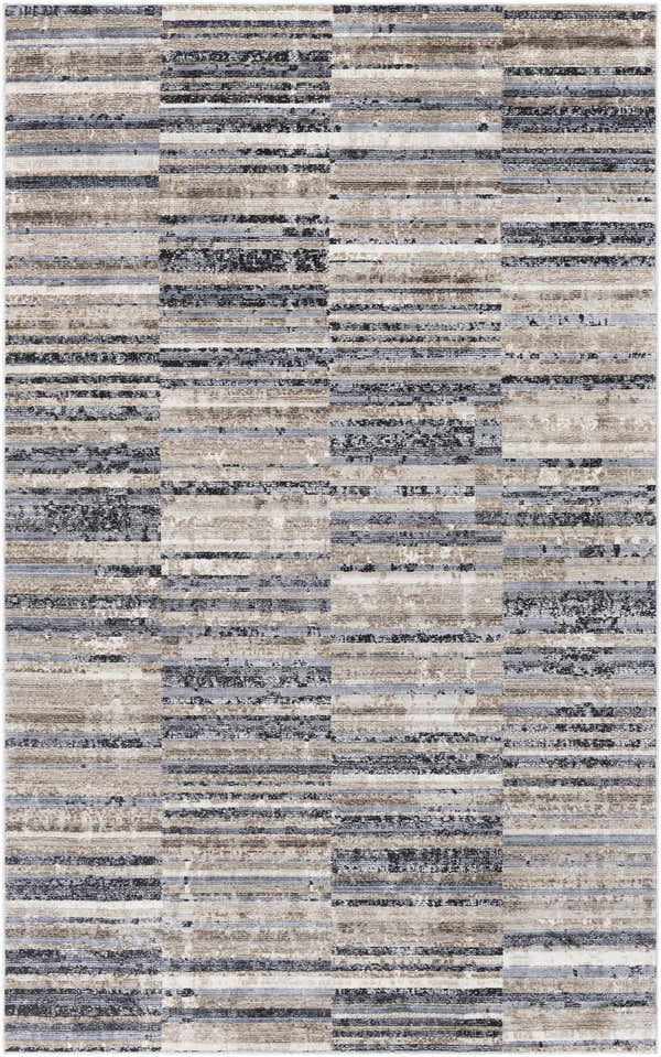 Close-up of the Eastlakes Area Rug. Features a contemporary stripe design in black, cream, denim, and gray tones. Design-Rectangle-5710