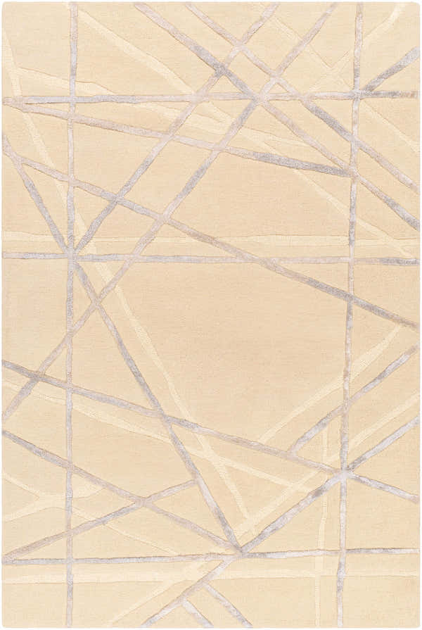 Close-up of the Amjad Area Rug. Beige wool rug with a contemporary gray geometric line pattern. Hand-tufted texture. Design-Rectangle-576