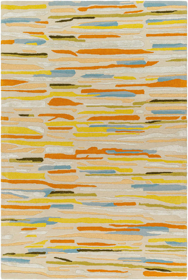 Close-up of the Aram Area Rug featuring a contemporary stripe pattern in bronze, orange, gray, and blue hues. Design-Rectangle-576