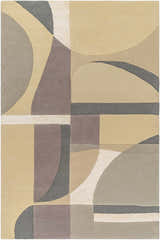 Close-up of the Duru Area Rug, a hand-tufted wool rug with a contemporary geometric design in beige, brown, and gray tones. Design-Rectangle-576