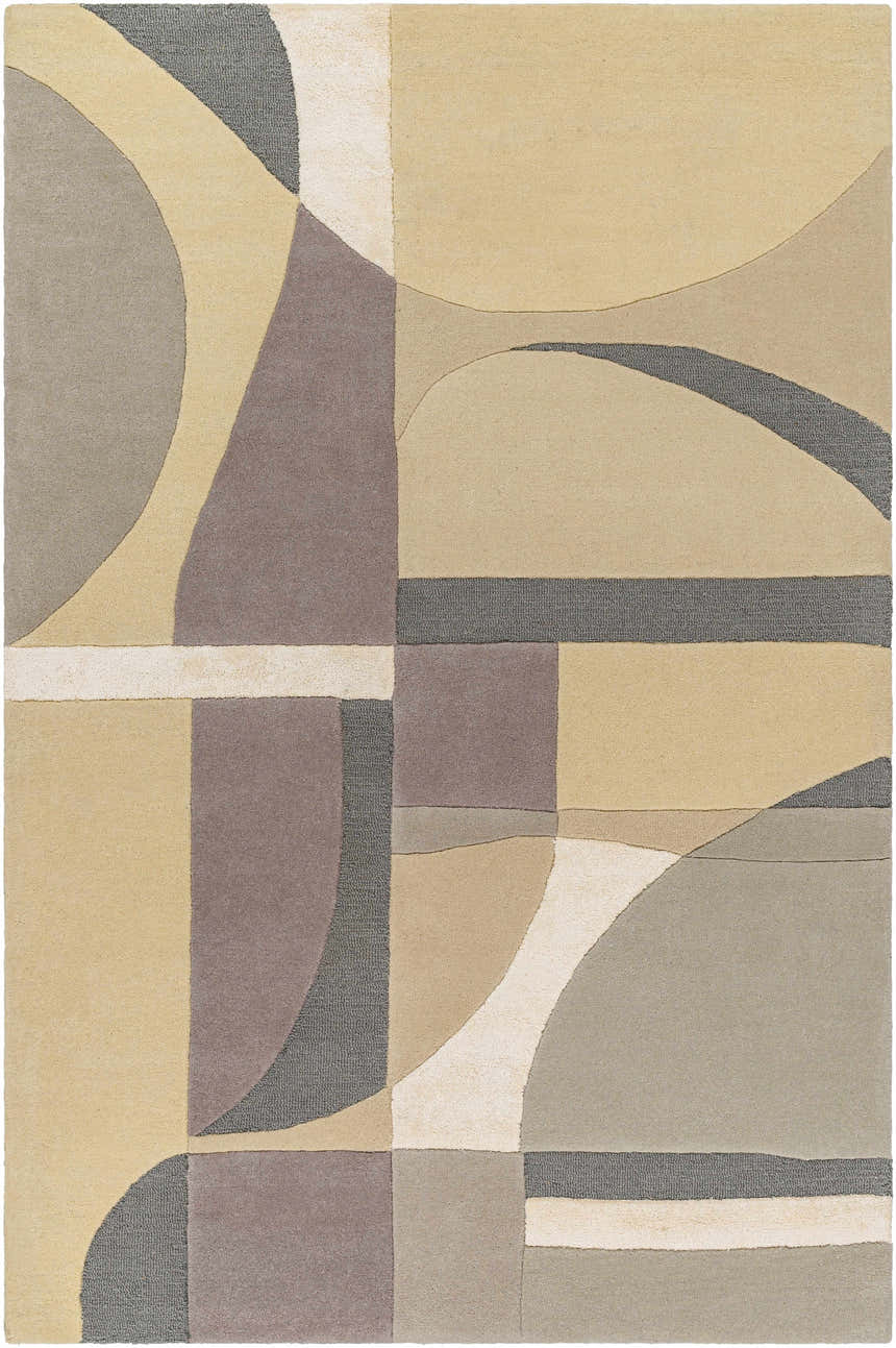 Close-up of the Duru Area Rug, a hand-tufted wool rug with a contemporary geometric design in beige, brown, and gray tones. Design-Rectangle-576