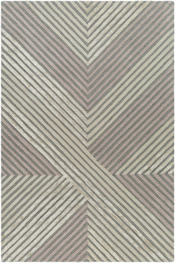 Close-up of the Juan Area Rug, a hand-tufted wool rug with a contemporary beige, gray, and rose cream striped design. Design-Rectangle-576
