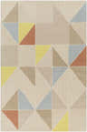 Close-up of the Mani Area Rug, a hand-tufted wool rug with a geometric pattern in camel, beige, gray, and yellow tones. Design-Rectangle-576