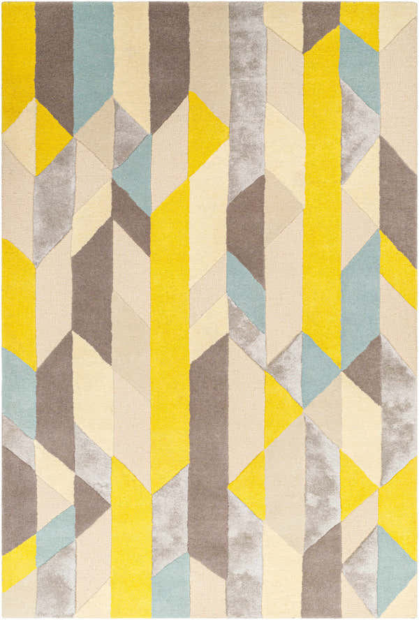 Close-up of the Zoie Area Rug. Hand-tufted wool rug with a geometric pattern in camel, gray, yellow, and light brown tones. Design-Rectangle-576