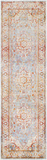 Close-up of the Stoneboro Area Rug, a vintage-style runner in light slate, burnt orange, and beige. Traditional oriental pattern. Design-Runner-279