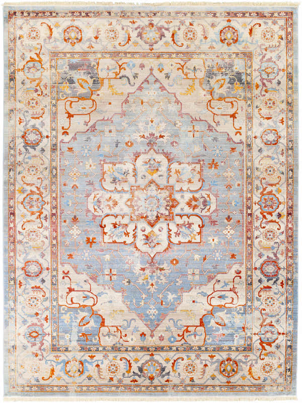 Stoneboro Area Rug, a machine-woven polyester rug with a traditional, light blue, beige, and orange oriental-inspired pattern. Design-Rectangle-710103