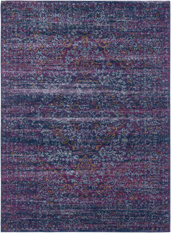 Close-up of the Stonewall Area Rug, a machine-woven rug with a vintage-inspired design in burgundy, navy, teal, and burnt orange. Design-Rectangle-5373