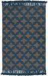 Hand woven Stonyford Area Rug with dark blue, dark brown, and metallic gold starburst pattern and fringed edges. Design-Rectangle-576