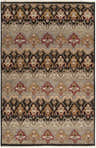 Close-up of the Stoutsville Carpet, a hand-knotted rug with a traditional design in amber, black, red, and gray wool. Design-Rectangle-5686