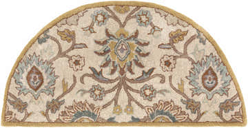Close-up of the Conesus Hand Tufted Tan 1012 Area Rug, hearth shape, with floral oriental design in brown, tan, and blue. Design-Hearth