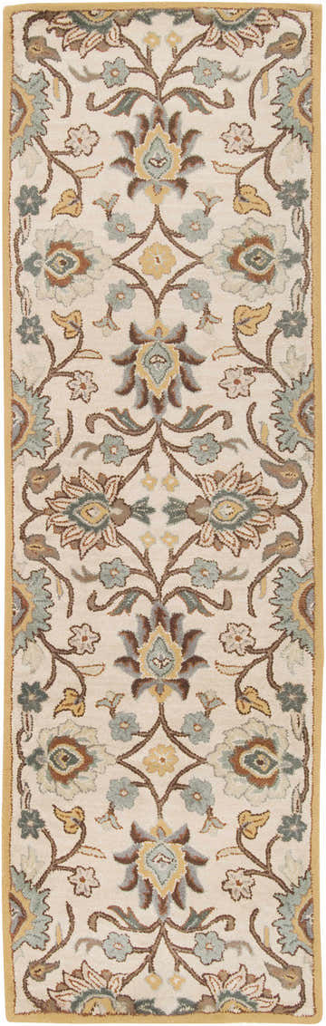 Close-up of the Conesus Hand Tufted Tan 1012 Area Rug. Traditional floral pattern in tan, brown, and blue hues. Wool rug texture. Design-Runner-268