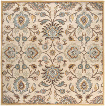 Close-up of the Conesus Hand Tufted Tan 1012 Area Rug. Features a floral, traditional pattern in tan, brown, and blue. Design-Square-8