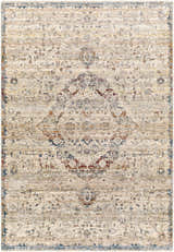 Close-up of the Stratmoor Area Rug. Beige rug with traditional, floral patterns in blue, brown, and burnt orange. Design-Rectangle-582