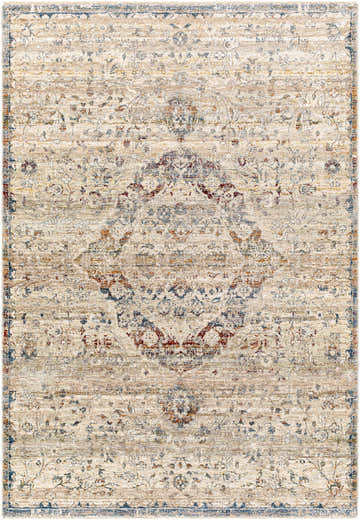 Close-up of the Stratmoor Area Rug. Beige rug with traditional, floral patterns in blue, brown, and burnt orange. Design-Rectangle-582