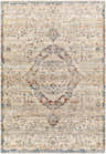 Close-up of the Stratmoor Area Rug. Beige rug with traditional, floral patterns in blue, brown, and burnt orange. Design-Rectangle-582