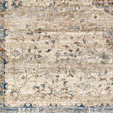 Close-up of Stratmoor Area Rug showing beige, blue, and burnt orange traditional oriental pattern and textures. Swatch