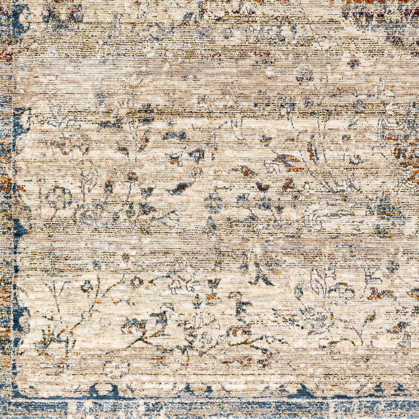 Close-up of Stratmoor Area Rug showing beige, blue, and burnt orange traditional oriental pattern and textures. Swatch