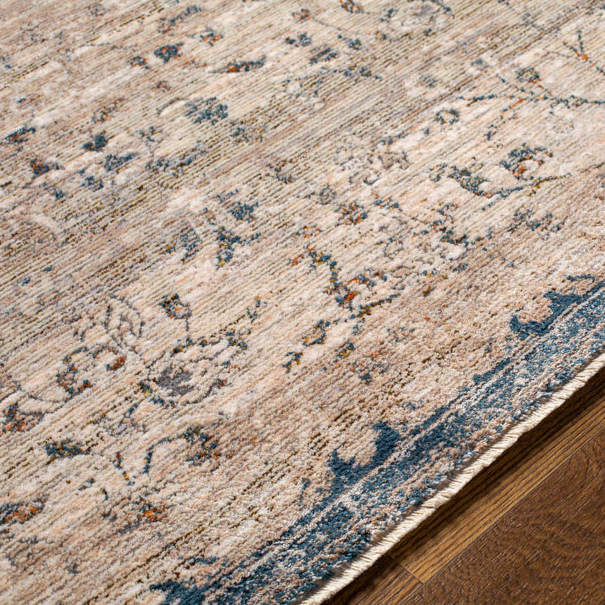 Close-up of the Stratmoor Area Rug showing beige, blue, and burnt orange traditional pattern on wood floor. Texture