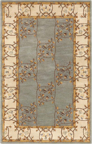 Close-up of the Stringer Area Rug. Beige border, sage center, and floral vine pattern in brown, orange, and mustard tones. Design-Rectangle-58