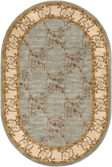 Oval Stringer Area Rug with beige floral border and sage background, hand-tufted wool rug. Design-Oval-69