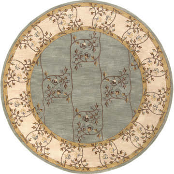 Round Stringer Area Rug with beige floral border and sage center with brown vine pattern. Design-Round-8