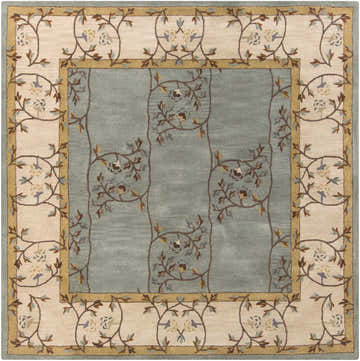 Close-up of the Stringer Area Rug. Hand-tufted wool rug with a floral vine pattern in beige, brown, mustard, and sage. Design-Square-8