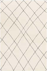 Close-up of Strathalbyn Area Rug. Cream wool rug with a black diamond trellis pattern. Hand-tufted texture. Design-Rectangle-576