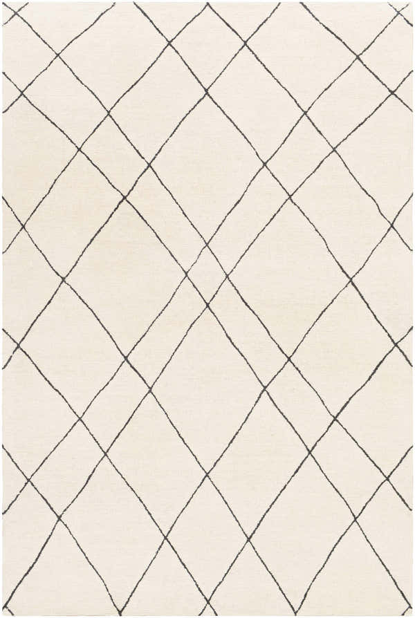 Close-up of Strathalbyn Area Rug. Cream wool rug with a black diamond trellis pattern. Hand-tufted texture. Design-Rectangle-576