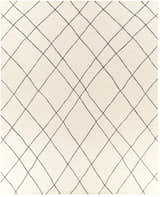 Close-up of the Strathalbyn Area Rug. Cream wool rug with a black diamond trellis pattern. Hand-tufted texture. Design-Rectangle-810