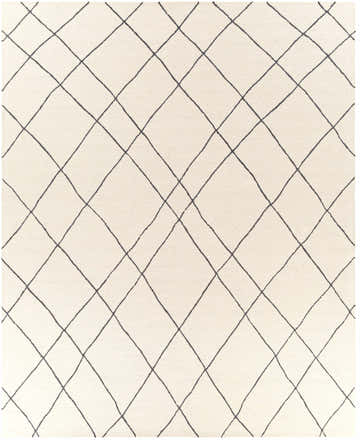 Close-up of the Strathalbyn Area Rug. Cream wool rug with a black diamond trellis pattern. Hand-tufted texture. Design-Rectangle-810