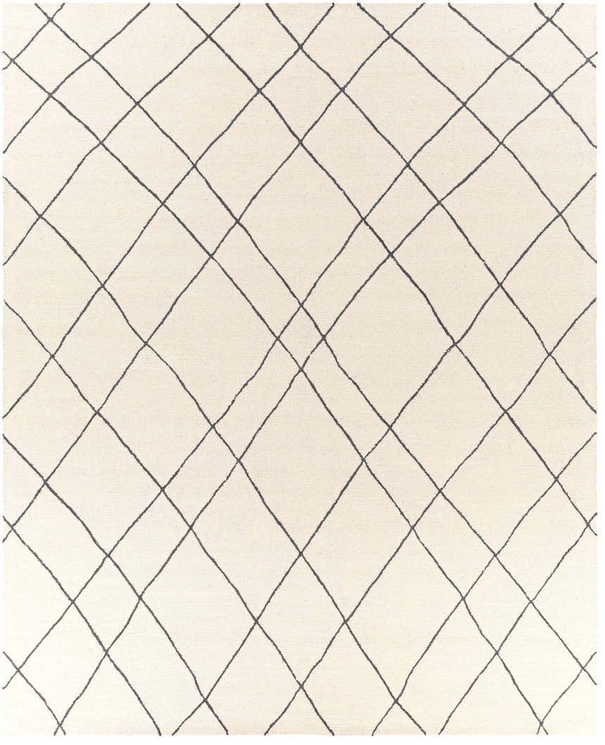 Close-up of the Strathalbyn Area Rug. Cream wool rug with a black diamond trellis pattern. Hand-tufted texture. Design-Rectangle-810