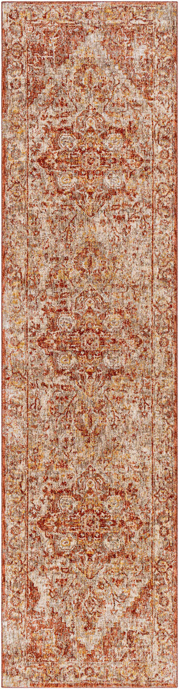 Close-up of the Strathbogie Traditional Red Area Rug, showcasing its brick red, cream, and brown oriental-inspired pattern. Design-Runner-2710