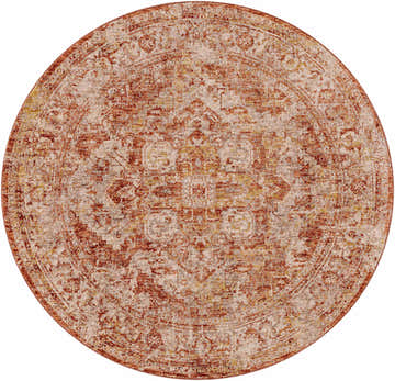 Close-up of a round Strathbogie Traditional Red Area Rug. Features a distressed oriental pattern in brick red, cream, and mustard. Design-Round-53