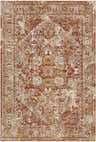 Close-up of the Strathbogie Traditional Red Area Rug featuring a distressed oriental pattern in brick red, cream, and mustard. Design-Rectangle-6796