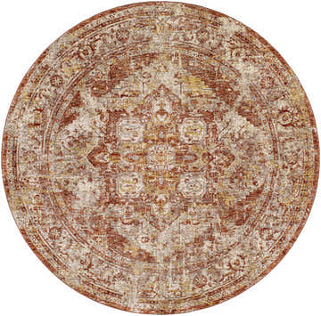 Close-up of a round Strathbogie Traditional Red Area Rug. Features a distressed oriental pattern in brick red, cream, and mustard. Design-Round-710