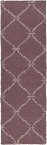 Close-up of Stroudsburg Area Carpet Area Rug. Mauve rug with light gray geometric trellis pattern. Hand woven wool texture. Design-Runner-268