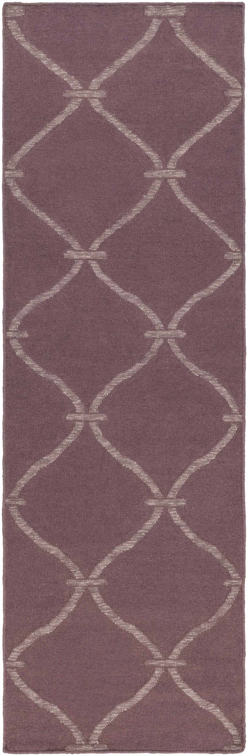 Close-up of Stroudsburg Area Carpet Area Rug. Mauve rug with light gray geometric trellis pattern. Hand woven wool texture. Design-Runner-268