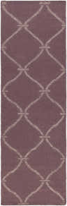 Close-up of Stroudsburg Area Carpet Area Rug. Mauve rug with light gray geometric trellis pattern. Hand woven wool texture. Design-Runner-268