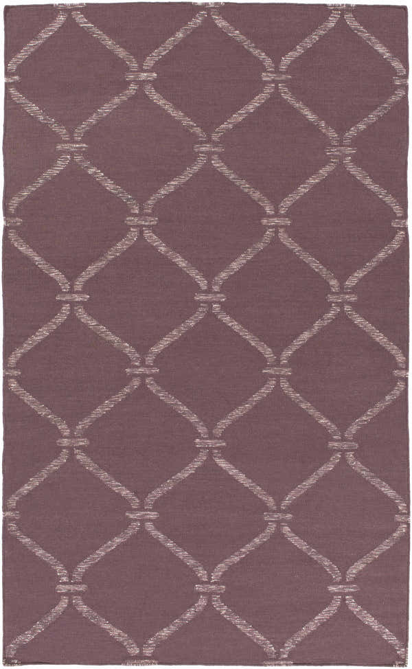 Close-up of the Stroudsburg Area Carpet Area Rug. Mauve rug with a light gray trellis pattern. Hand woven wool rug. Design-Rectangle-576
