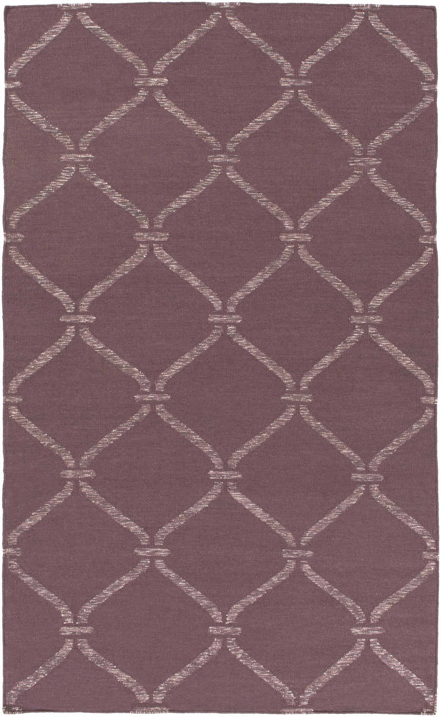 Close-up of the Stroudsburg Area Carpet Area Rug. Mauve rug with a light gray trellis pattern. Hand woven wool rug. Design-Rectangle-576