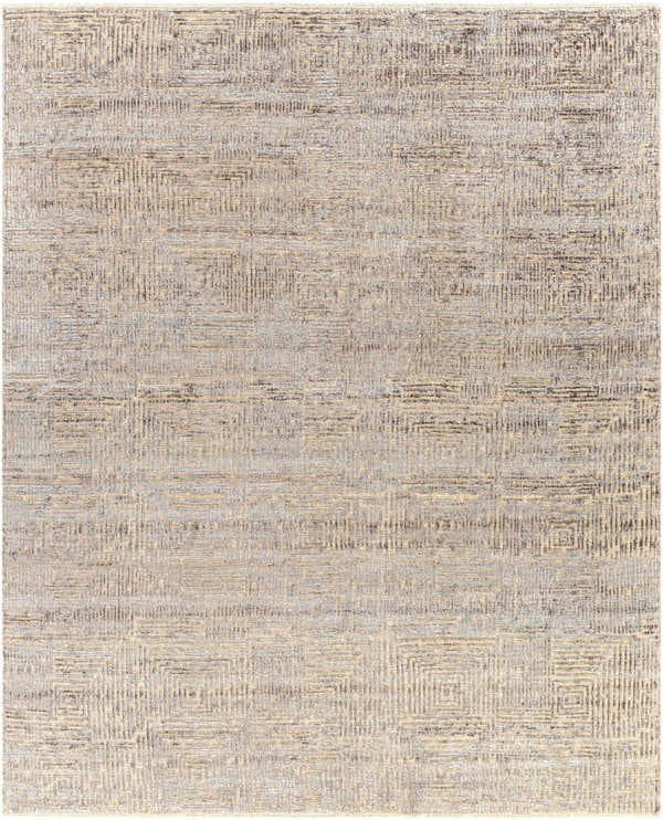 Close-up of hand-knotted Struie Area Rug. Gray and oatmeal wool rug with a contemporary geometric pattern. Design-Rectangle-810