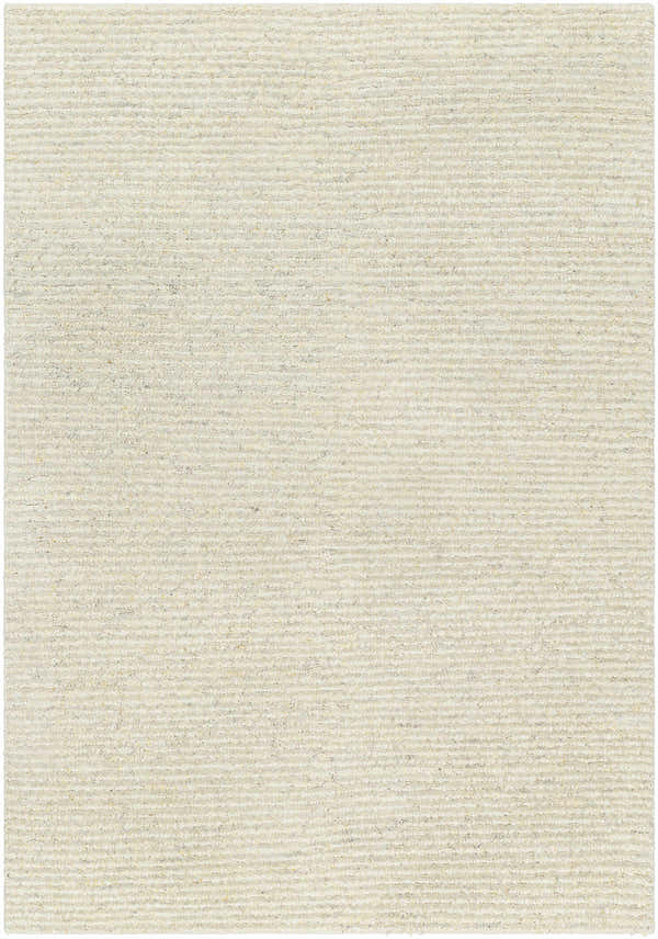 Close-up of the hand woven Chaz Cream Wool Rug, featuring a subtle horizontal striped pattern and soft texture. Design-Rectangle-576